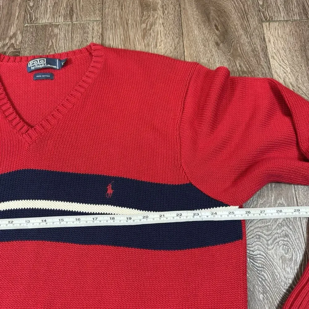 Vintage 80s Polo Ralph Lauren V Neck Cotton Sweater Striped Red Blue Men's XXL
